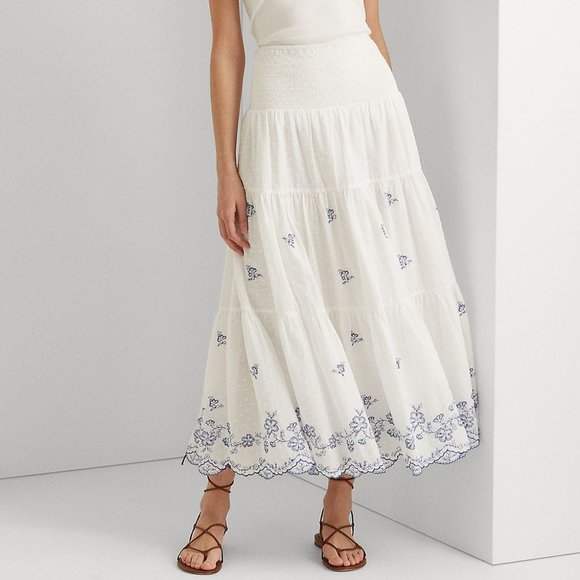 Women Lauren Ralph Lauren Cotton Swiss Dot Midi Skirt Whiteblue B4HP - Picture 1 of 9